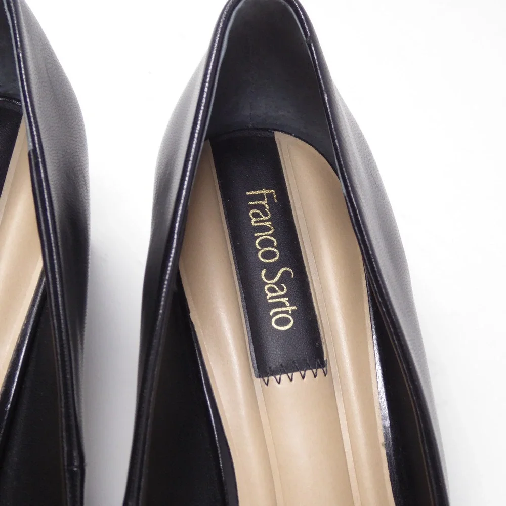 NEW Franco Sarto Womens Racer Pumps Black Leather Pointed Toe Block Heel 7.5M